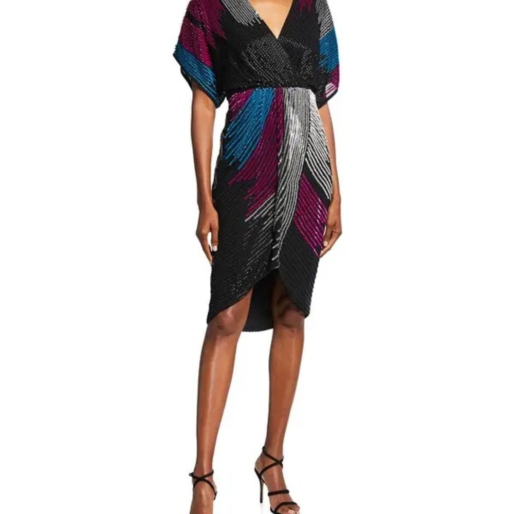 Aidan Mattox Black and Pink V-Neck Midi Dress